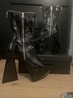 Dolls Kill Black PVC Platform Ankle Boots with zippers